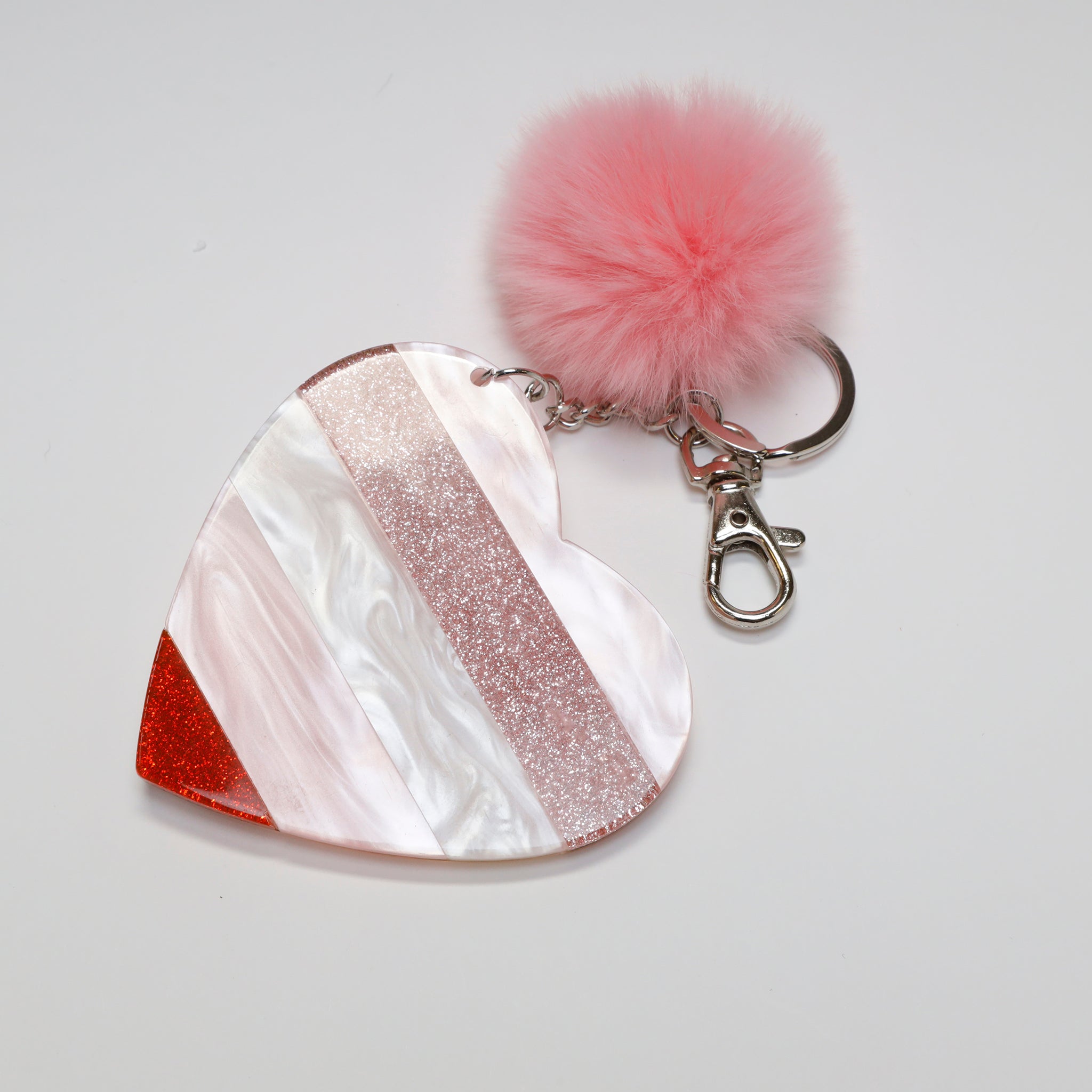 Lucite Heart Pom-Pom Keychain