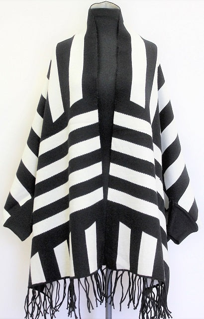 Wide Stripe Knit Cape with Fringe