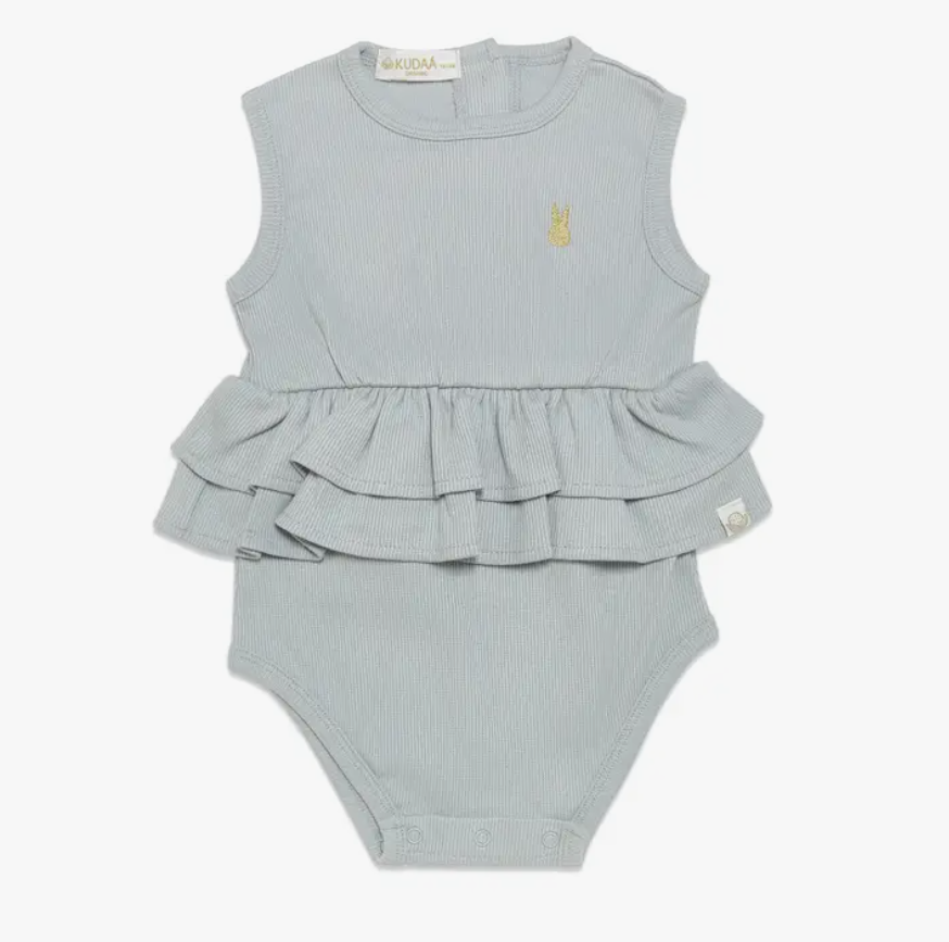 Organic Ruffle Waist Bunsuit Pearl Blue