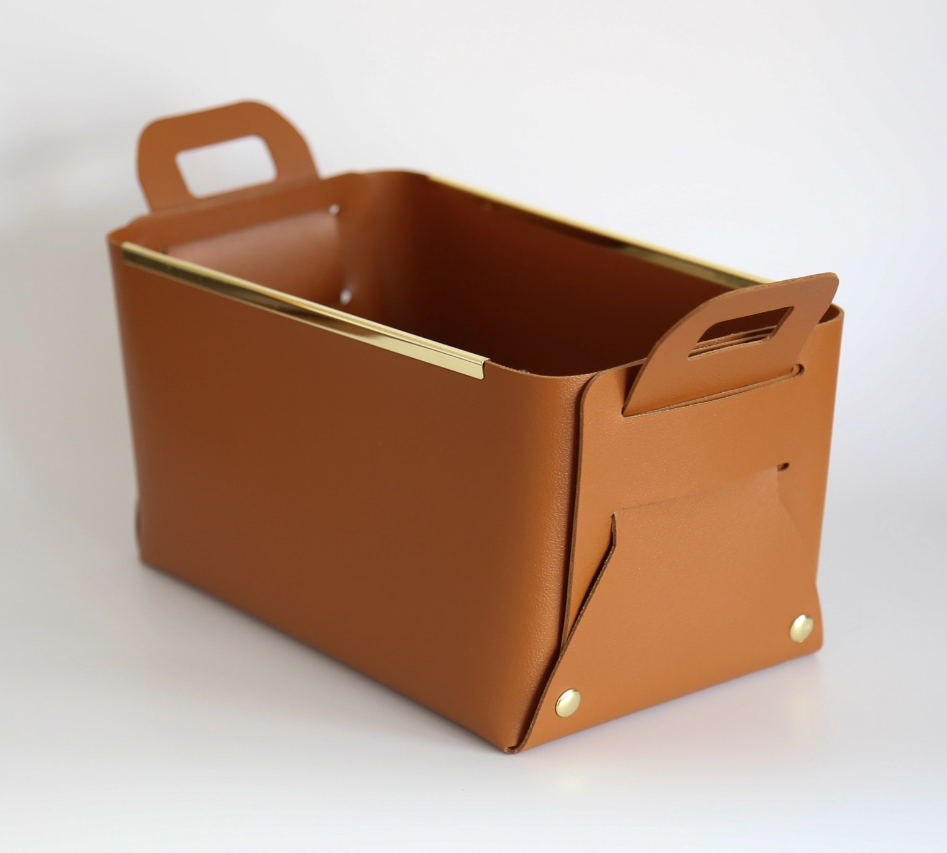 Vegan Leather Storage Basket with Metal Edge