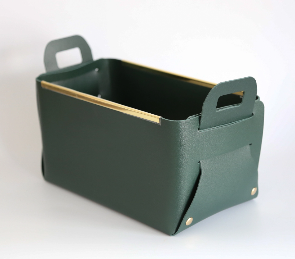Vegan Leather Storage Basket with Metal Edge