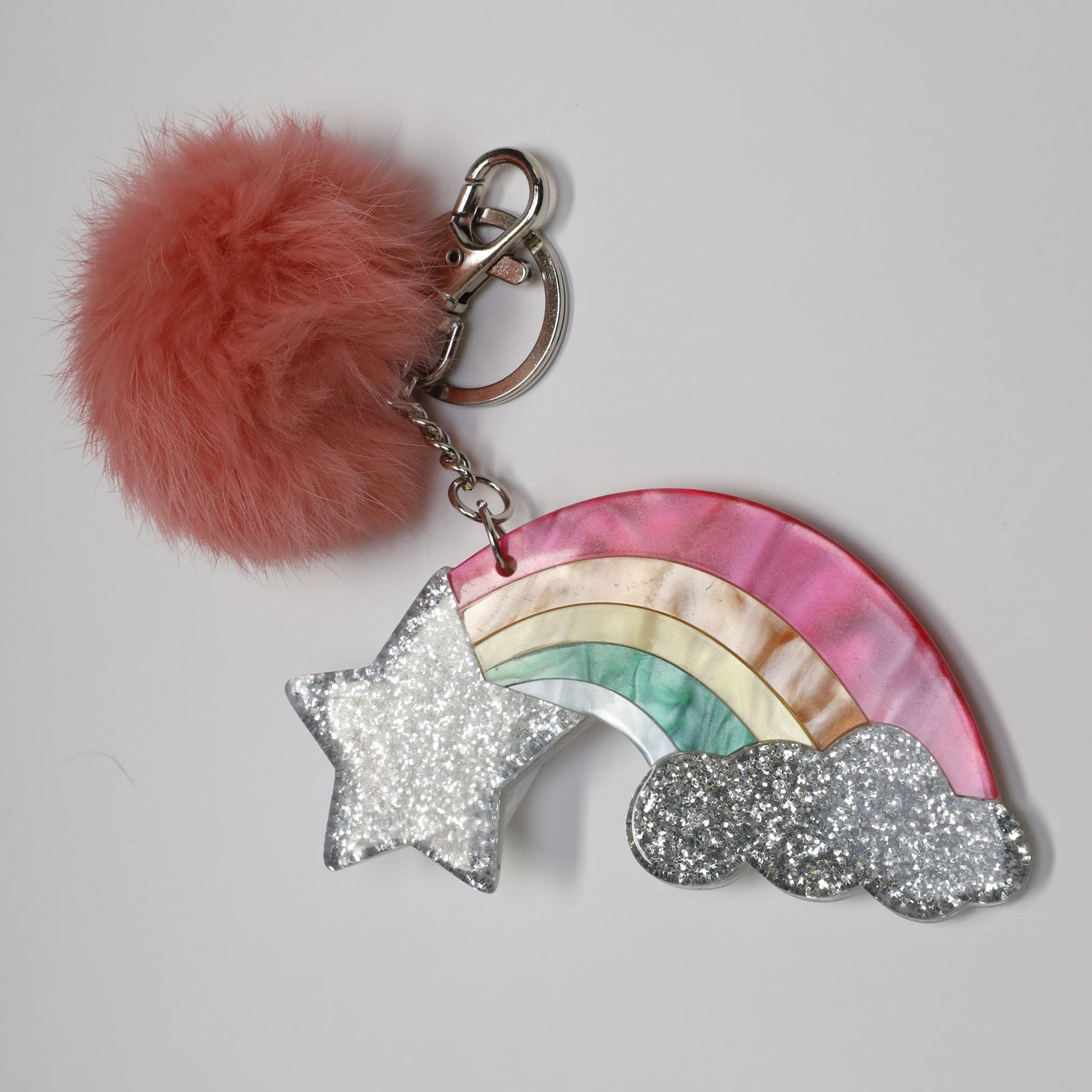 Rainbow Lucite Pom-Pom Keychain