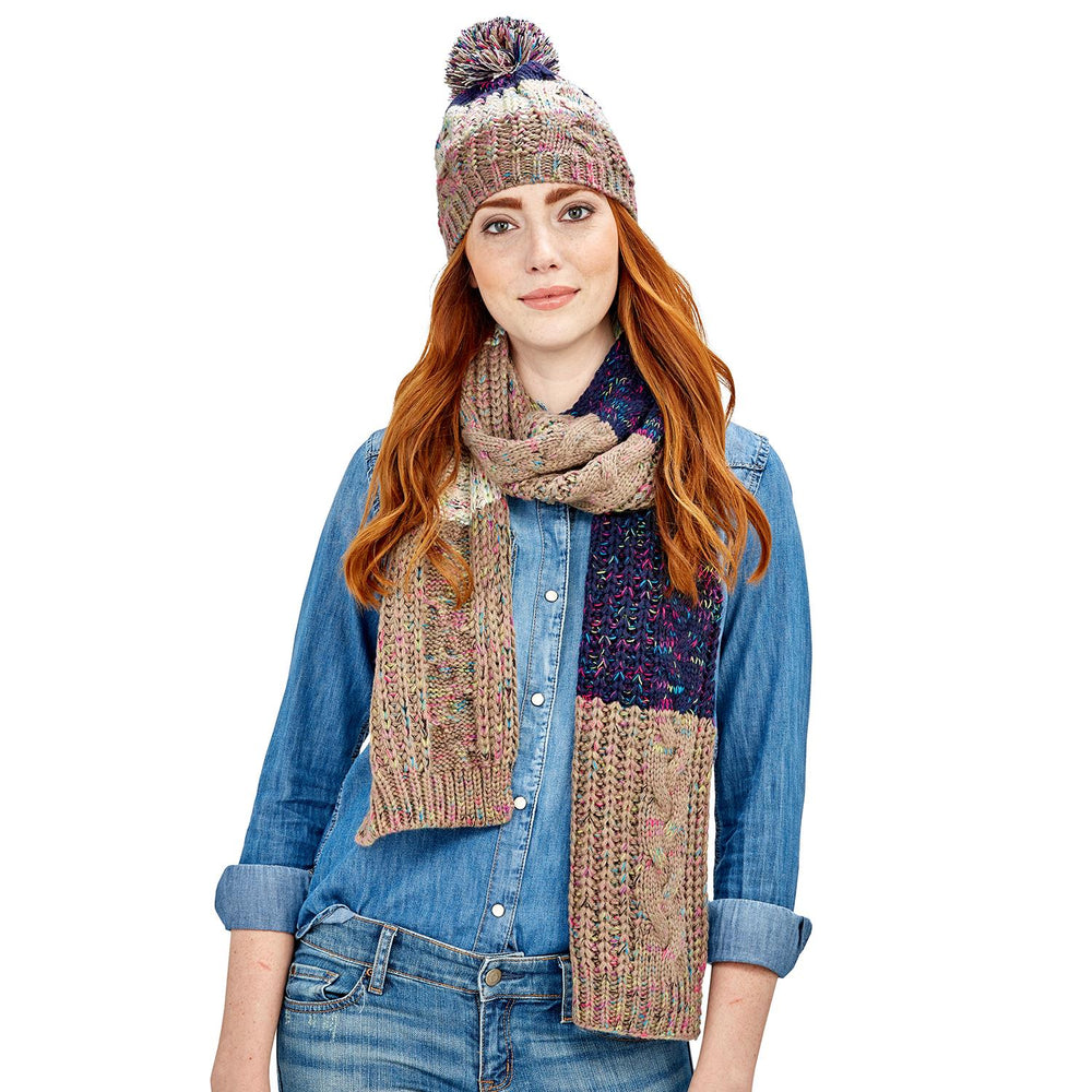 Blizzard Cable Knit Color Block Scarf and Hat with Pom Pom