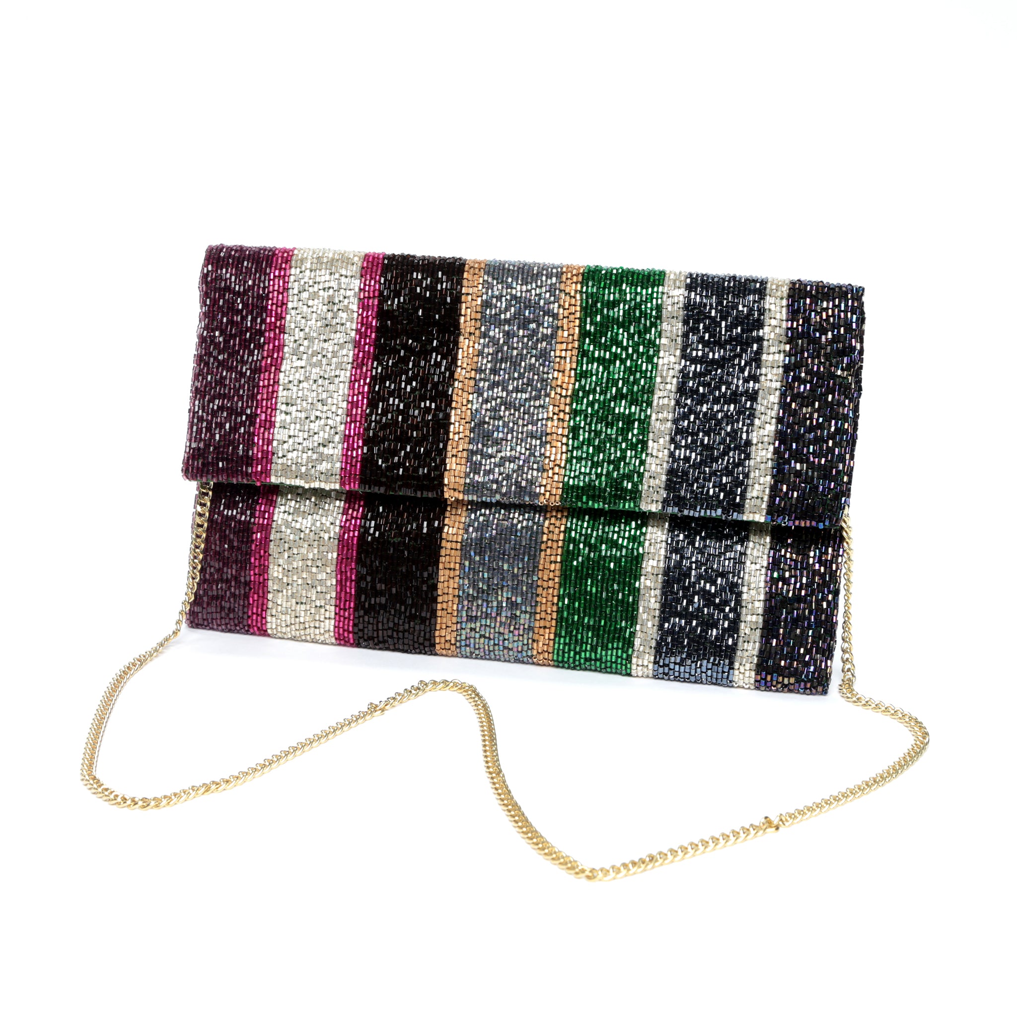 Stripe Beaded Half Flap Clutch with Chain Strap