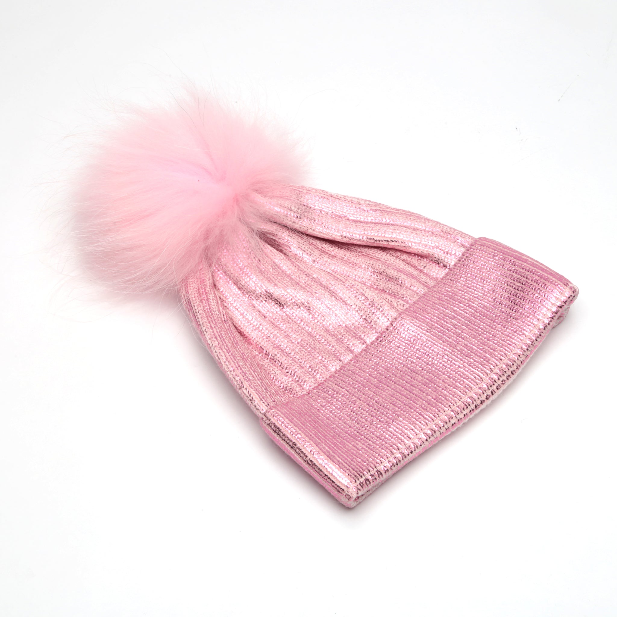 Metallic Ribbed Hat with Fur