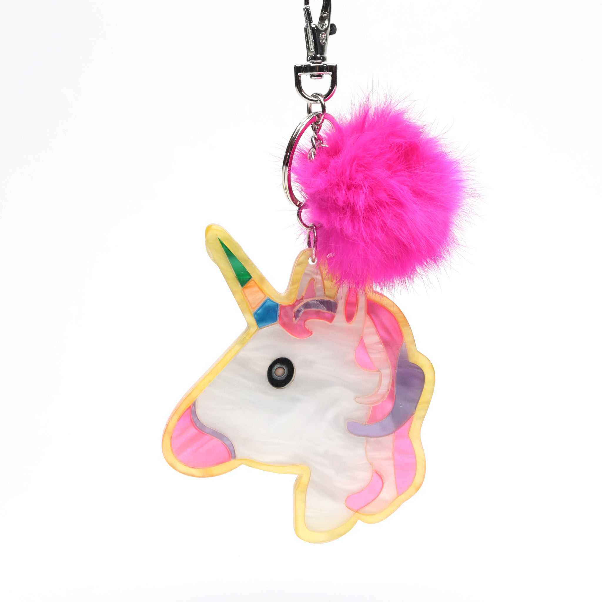 Unicorn Lucite Fur Pom-Pom Keychain