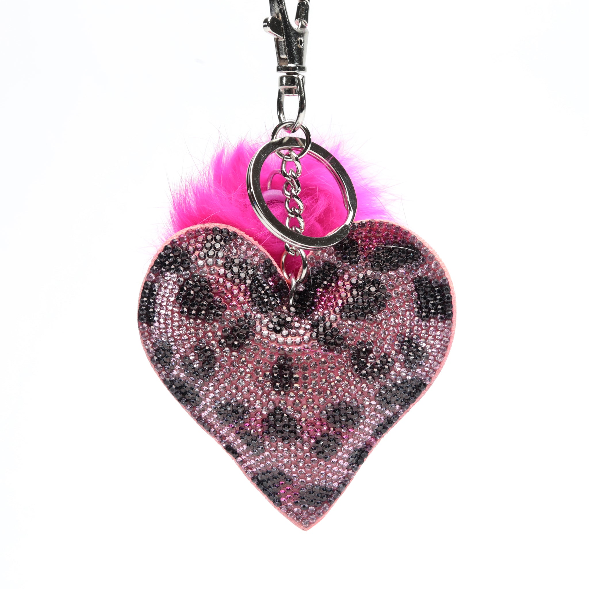 Leopard Heart Crystal Pom-Pom Keychain