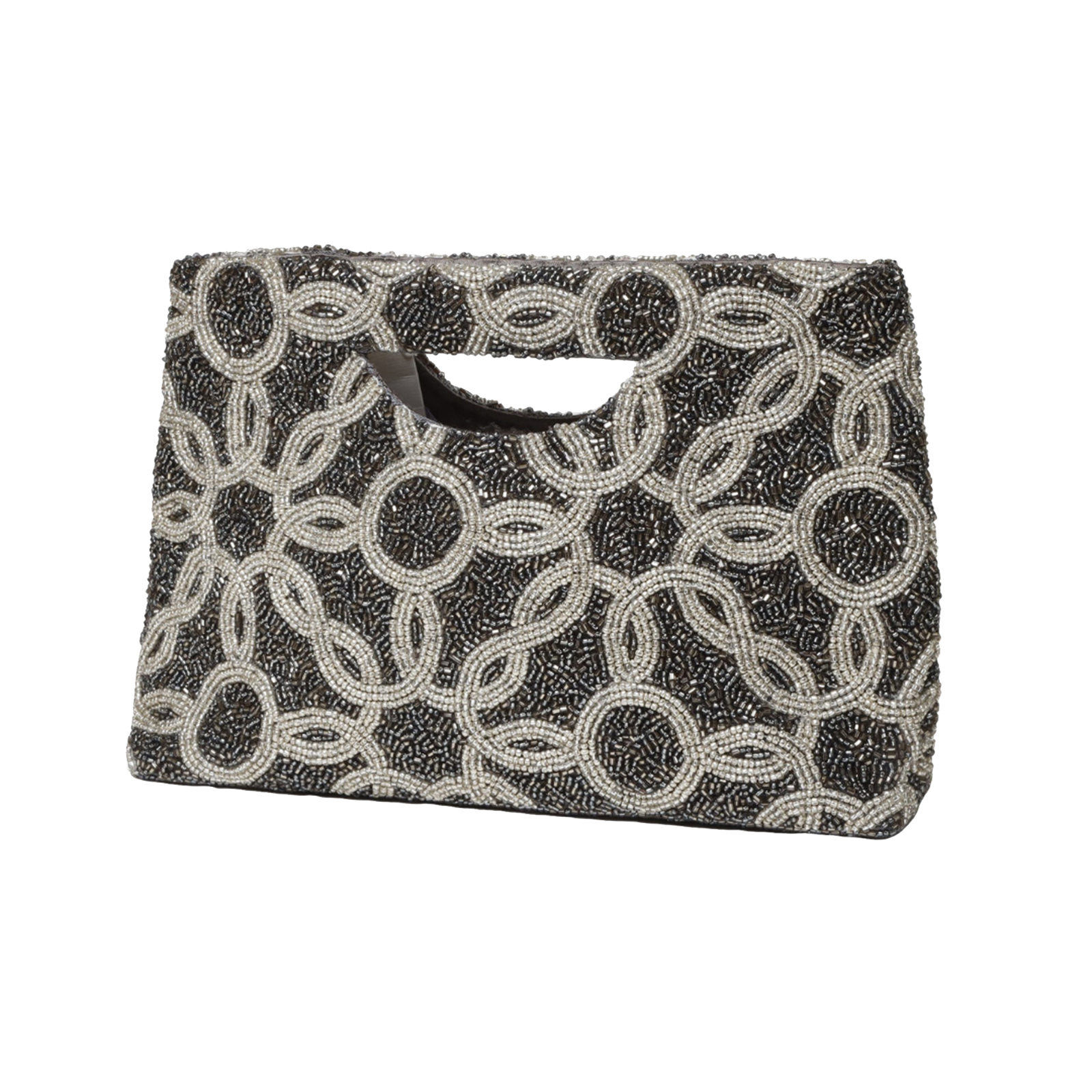 Beaded Loopy Pattern Metallic Cut Out Handle Clutch