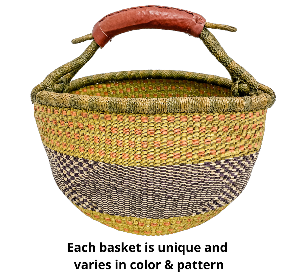 Handmade Round Market Basket with Leather Handles