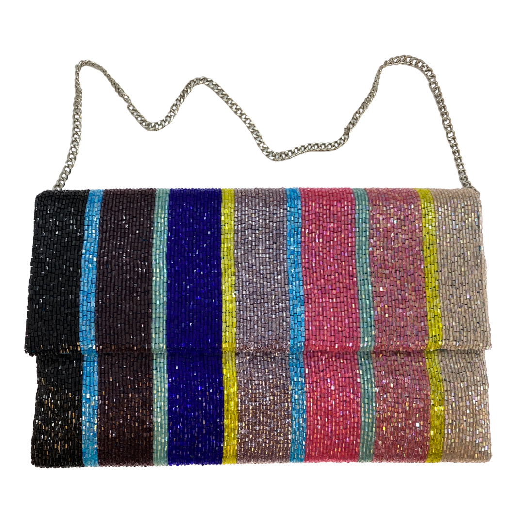 Stripe Beaded Half Flap Clutch with Chain Strap